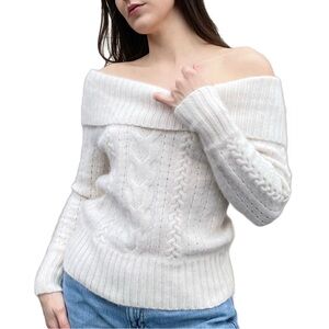 Banana Republic Soft White Angora Rabbit Fuzzy Cableknit Off Shoulder Sweater M